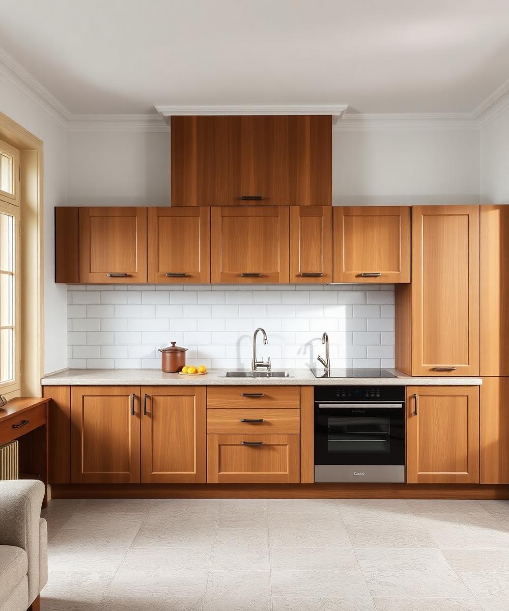 Küchenzeile mit Holzfronten und heller Arbeitsplatte in einem bestehenden Wohnhaus